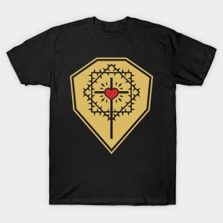 The cross of Jesus Christ with a heart framed by a crown of thorns against the background of a shield. T-Shirt